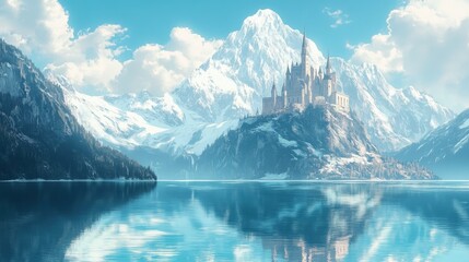 Fototapeta premium Majestic Castle Perched Upon A Snowy Mountain Peak Beside A Calm Lake
