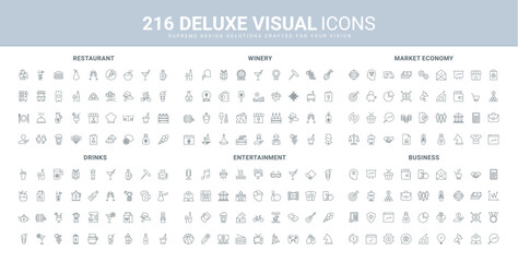 Market economy and money management, restaurant and winery menu, entertainment line icon set. Business, protection of wealth and income, economic growth thin black outline symbols vector illustration