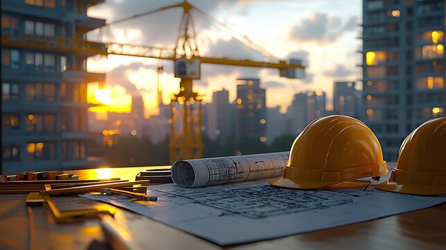 A constraction site with cranes and buildings. Blueprints and construction helmet in the foreground. 