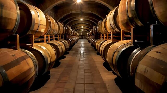 Rows of wooden wine barrels in a dimly lit cellar along a central pathway