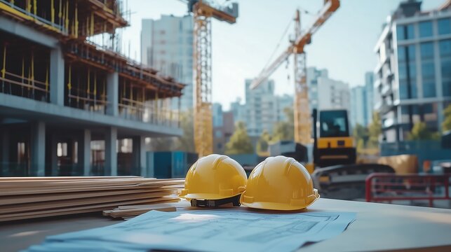 A constraction site with cranes and buildings. Blueprints and construction helmet in the foreground. 