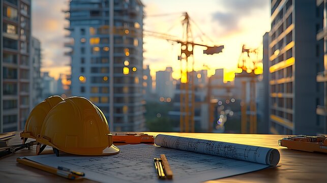 A constraction site with cranes and buildings. Blueprints and construction helmet in the foreground. 