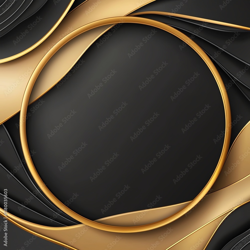 Poster a modern abstract design featuring swirling black and gold elements with a blank circular space for 