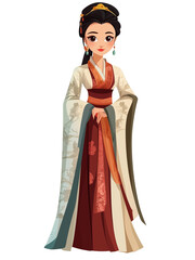 Cartoon Chinese Woman in Traditional Attire, Illustration of Chinese Woman in Traditional Dress, Traditional Chinese Woman in Cartoon Style, asian princess