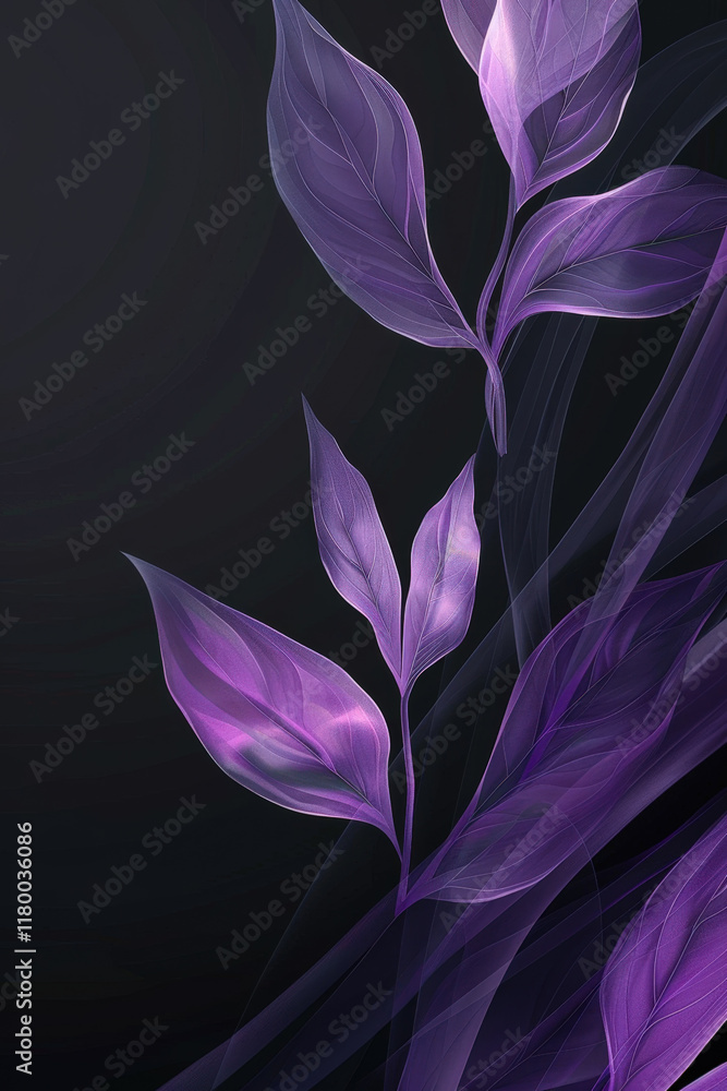 Poster elegant purple leaves emerge from a dark background, creating an ethereal and tranquil atmosphere wi