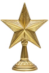 A golden trophy with a five pointed star on white background.