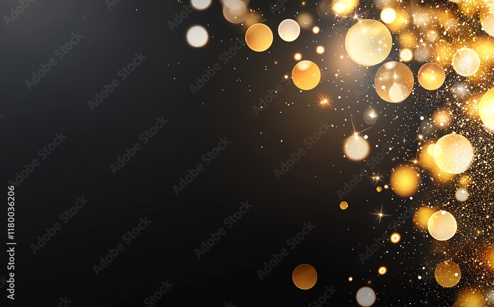 Poster a mesmerizing blend of golden bokeh lights dancing against a dark backdrop, perfect for adding a tou