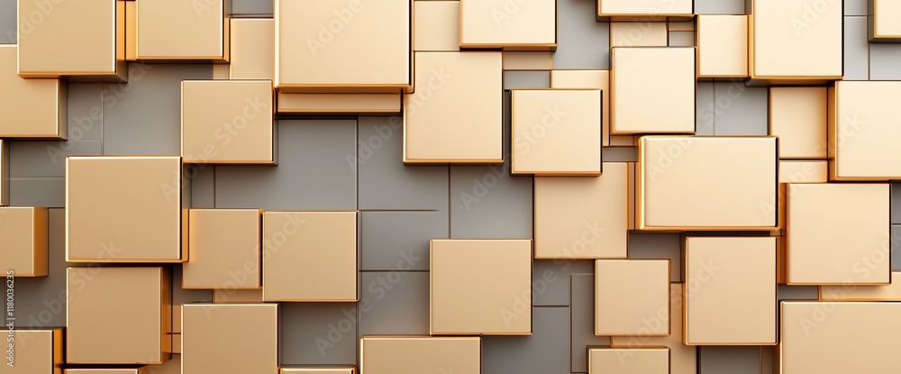 Poster A modern abstract background featuring an array of golden cubes and rectangular shapes arranged in a visually striking pattern, perfect for design projects and digital art.