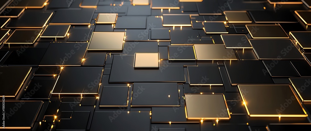 Aufkleber a visually striking design featuring a geometric pattern of black and gold blocks with glowing edges