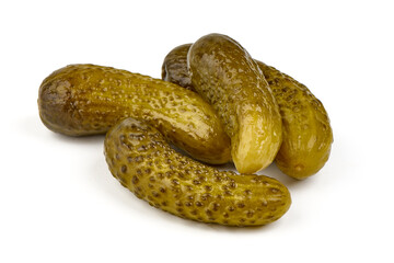 Pickles, marinated cucumbers, isolated on white background.