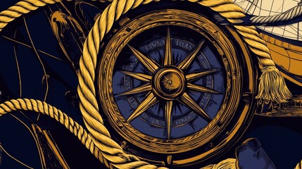 Obraz premium Vintage Nautical Compass Art with Golden Ropework