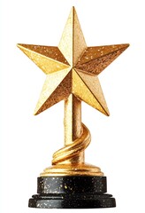 A golden trophy with a five pointed star on white background.