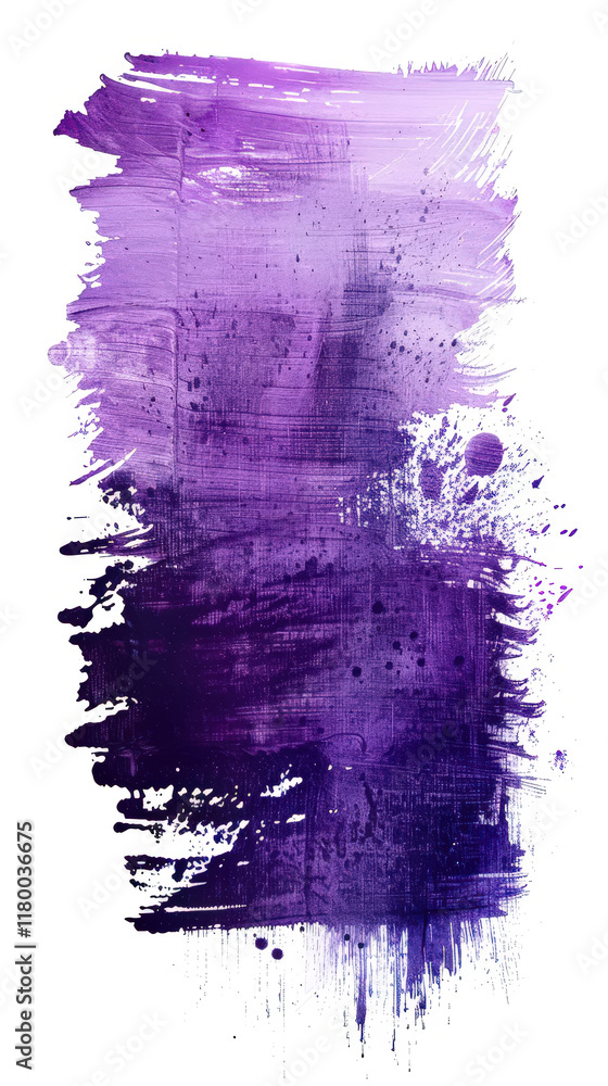 Poster colorful abstract design featuring rich purple hues with dynamic brush strokes and splatters on a cl