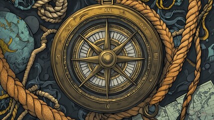 Obraz premium Vintage Compass and Nautical Map Art, Detailed Exploration Design