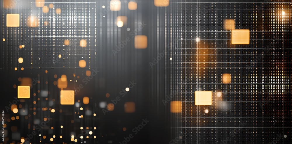 Poster an abstract digital design featuring glowing squares and lights against a dark background, creating 