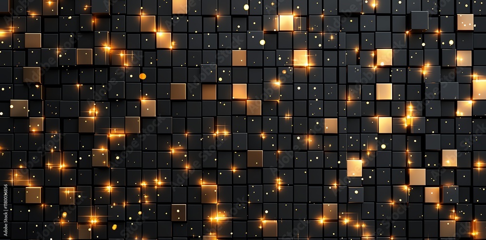 Poster a stunning abstract background featuring a grid of black and gold cubes illuminated by soft golden l