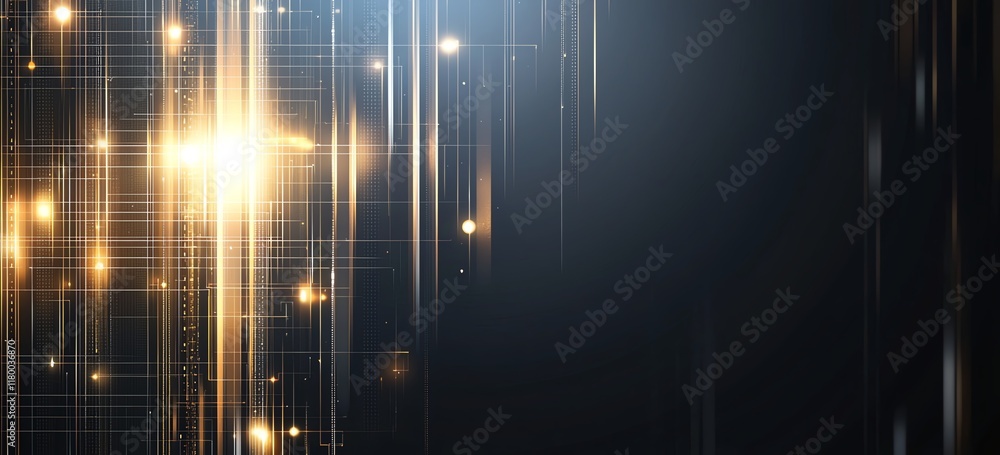 Poster a mesmerizing display of light beams and sparkles against a dark backdrop, creating an ethereal atmo