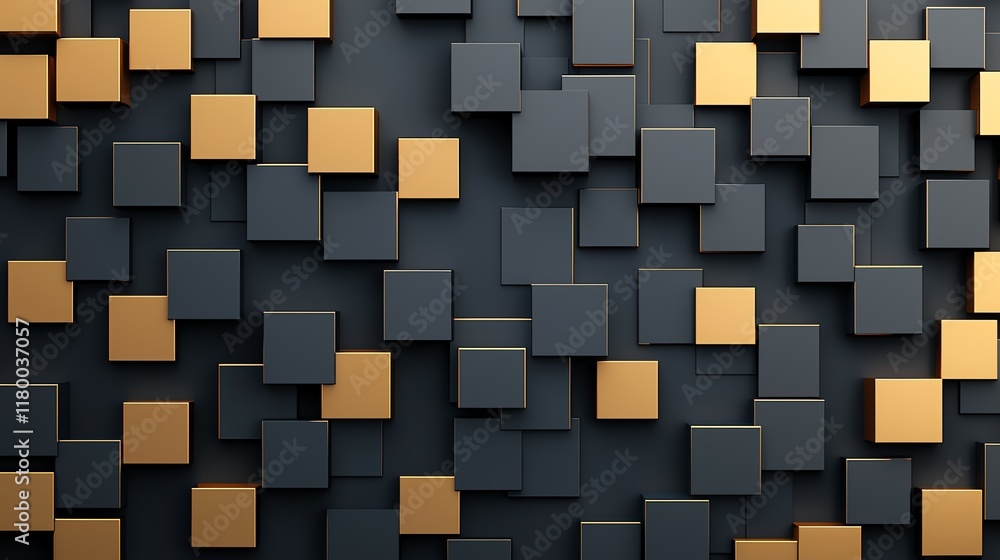 Poster a modern abstract background featuring a dynamic arrangement of black and gold squares, creating a v