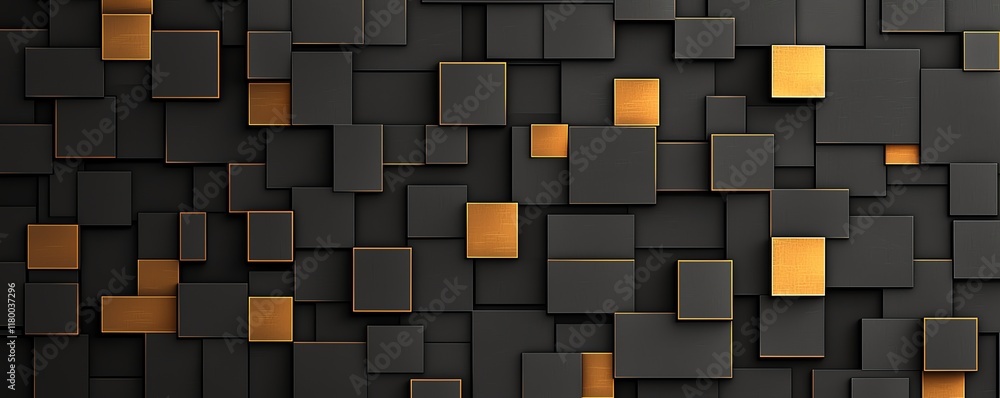 Poster an abstract composition featuring a textured wall of dark and golden squares. this modern design ele
