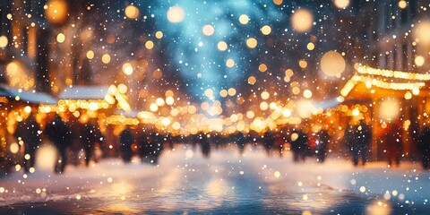 Naklejka premium Softly blurred lights in a snowy cityscape creating a serene winter scene with glowing festive tones, style book illustration