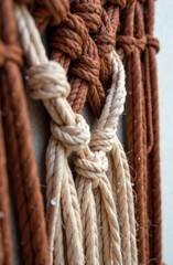 detailed closeup of handwoven mocha mousse macrame wall hanging with intricate knots and natural fibers. boho and artisanal design, interior decor in color of the year 2025 tones