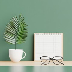 Modern Workspace with Green Wall, Stylish Plant, Minimalist Notepad, and Eyeglasses on Wooden Shelf, Perfect for Creative and Professional Settings