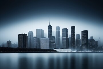 Obraz premium arafed view of a city skyline with a lake in front of it