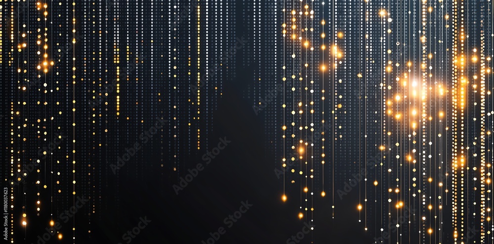 Poster a mesmerizing display of shimmering lights cascading down against a dark background, creating an enc