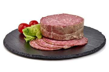 Salami smoked sausage, Traditional dry-cured Milano salami, isolated on white background. High resolution image.