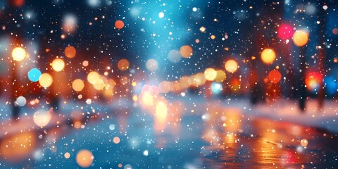 Fototapeta premium Softly blurred lights in a snowy cityscape creating a serene winter scene with glowing festive tones, style book illustration
