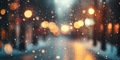 Fototapeta premium Softly blurred lights in a snowy cityscape creating a serene winter scene with glowing festive tones, style book illustration
