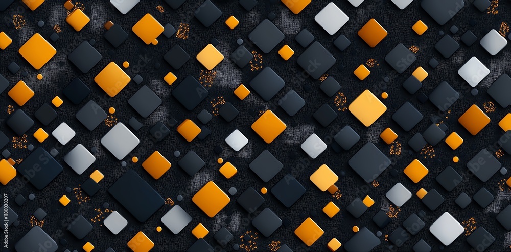 Poster explore a dynamic pattern of black, white, and orange geometric shapes, creating a visually striking