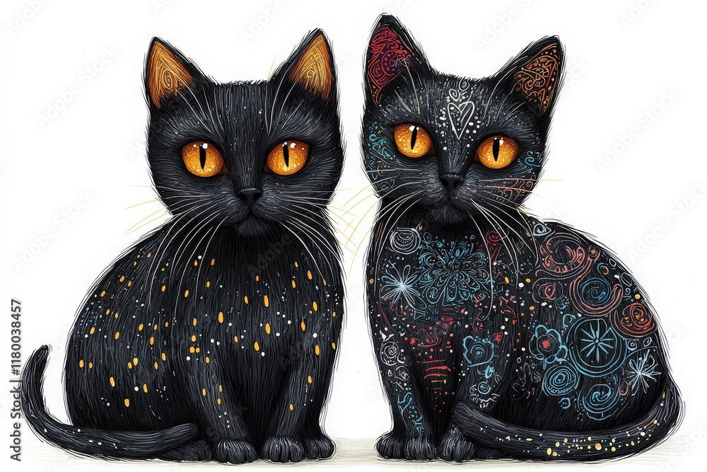 Poster two charming black cats sit together, one adorned with colorful patterns and the other featuring shi