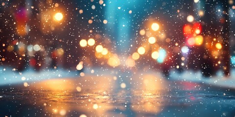 Obraz premium Softly blurred lights in a snowy cityscape creating a serene winter scene with glowing festive tones, style book illustration
