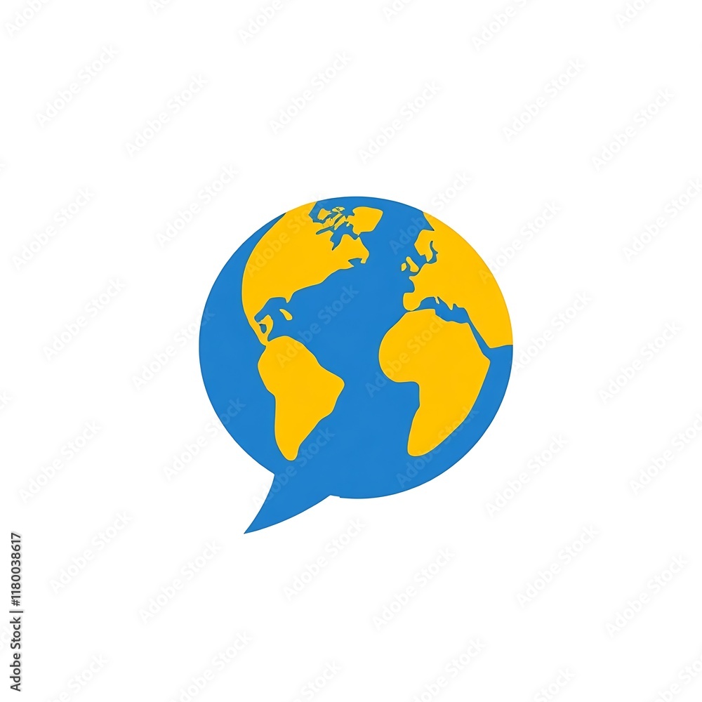 Poster global communication: a stylized globe icon encased in a speech bubble, symbolizing global communica