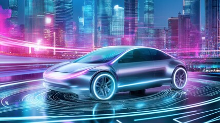 Futuristic Electric Vehicle in a Vibrant Cityscape