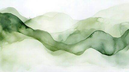 Abstract Green Watercolor Landscape Painting Of Rolling Hills
