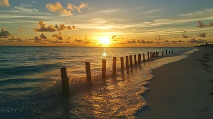 Fototapeta premium Tropical sunset beach, ocean waves, wooden posts, peaceful scene, travel postcard