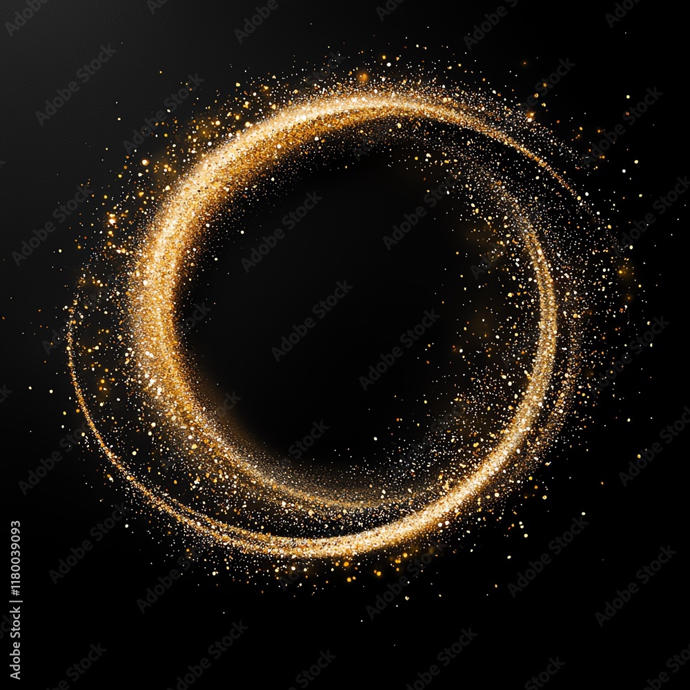 Poster a dazzling circular swirl of golden particles on a black background, creating an enchanting and eleg
