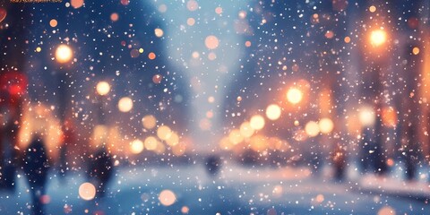 Naklejka premium Softly blurred lights in a snowy cityscape creating a serene winter scene with glowing festive tones, style book illustration