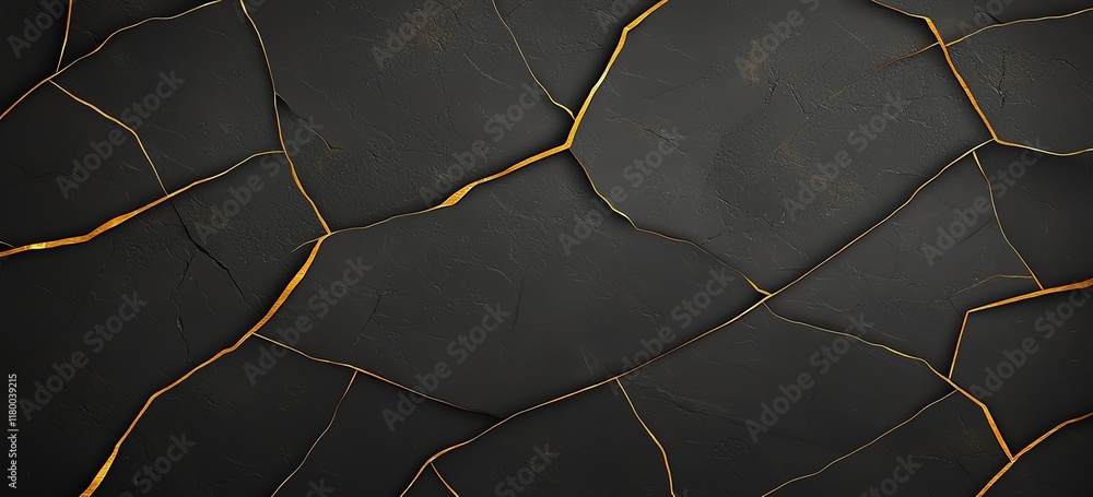 Poster a modern abstract background featuring dark textured surface with intricate golden cracks, perfect f