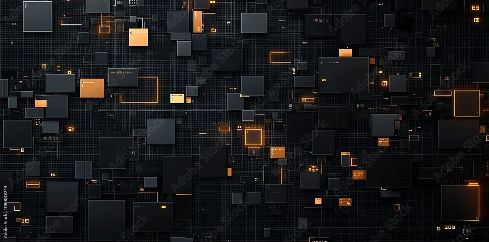 Poster abstract background featuring interconnected geometric shapes in a dark setting, illuminated by glow