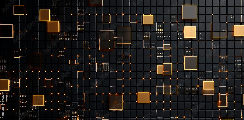 Poster a modern abstract background featuring a dynamic arrangement of gold and black squares, creating a v