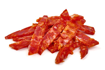 Spanish pork chorizo sausage, close-up, isolated on white background.
