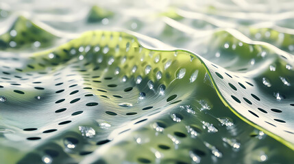 In a modern 3d illustration, water drops are depicted on a perforated spunbond synthetic fiber nonwoven fabric, showing its ability to be waterproof while also cooling. Sunwoven. Illustration