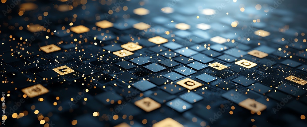 Poster a close-up view of a network of glowing, golden squares on a dark background, representing digital c