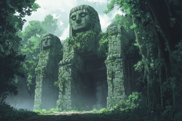 Ancient Stone Gateway Overgrown by Lush Jungle Foliage