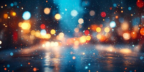 Naklejka premium Softly blurred lights in a snowy cityscape creating a serene winter scene with glowing festive tones, style book illustration