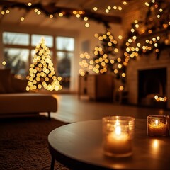 A blurred festive Christmas interior featuring warm lights and holiday decor, ideal for seasonal banners and product presentations with a joyful atmosphere.