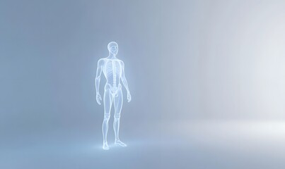 Glowing translucent anatomical human male figure.